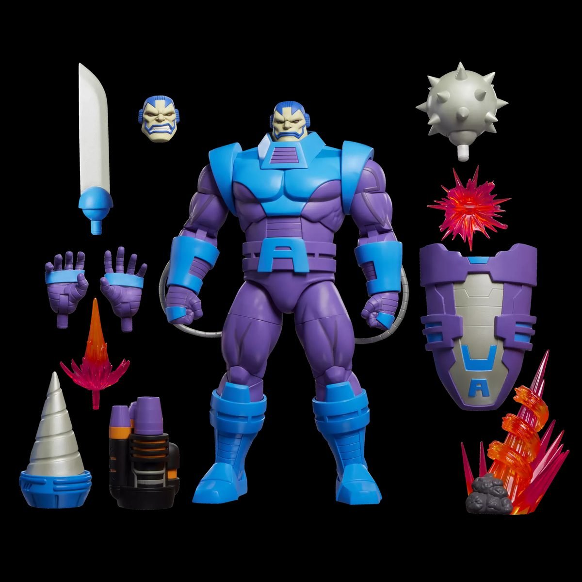 Apocalypse com todos os 11 acessórios: espada, cabeça alternativa, mãos abertas, broca, canhão, maça, escudo das costas e três efeitos de energia
